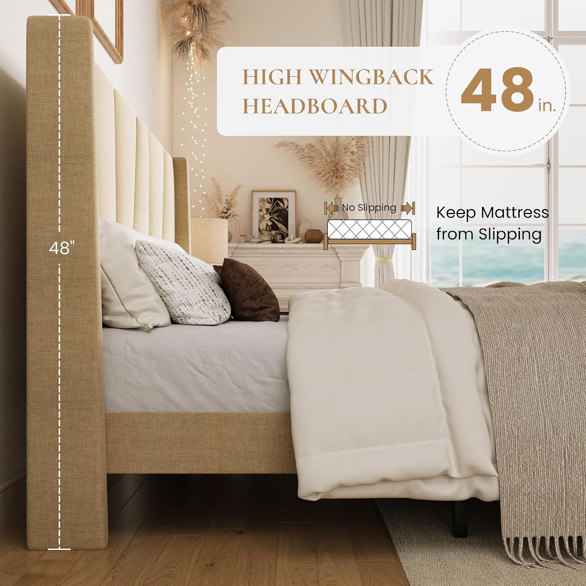 sha cerlin king upholstered bed frame with headboard, side view