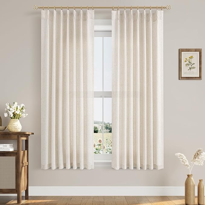 Natural Cream Linen Pinch Pleated Window Curtains 63 Inch Long Pinch Pleat Back by Aersas