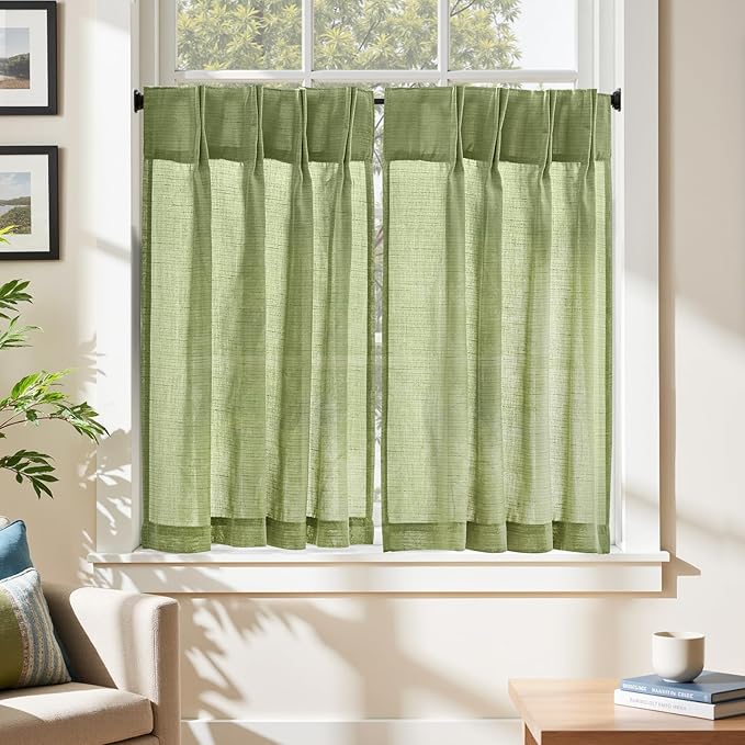 jinchan Linen Pinch Pleated Kitchen Curtains 36 Inch 2 Panels, Natural Linen - Image 3