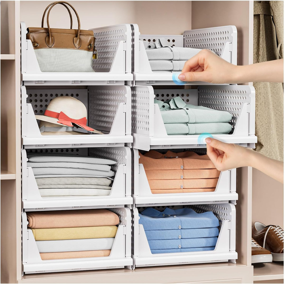 caktraie 5 pack stackable closet storage basket shown in use