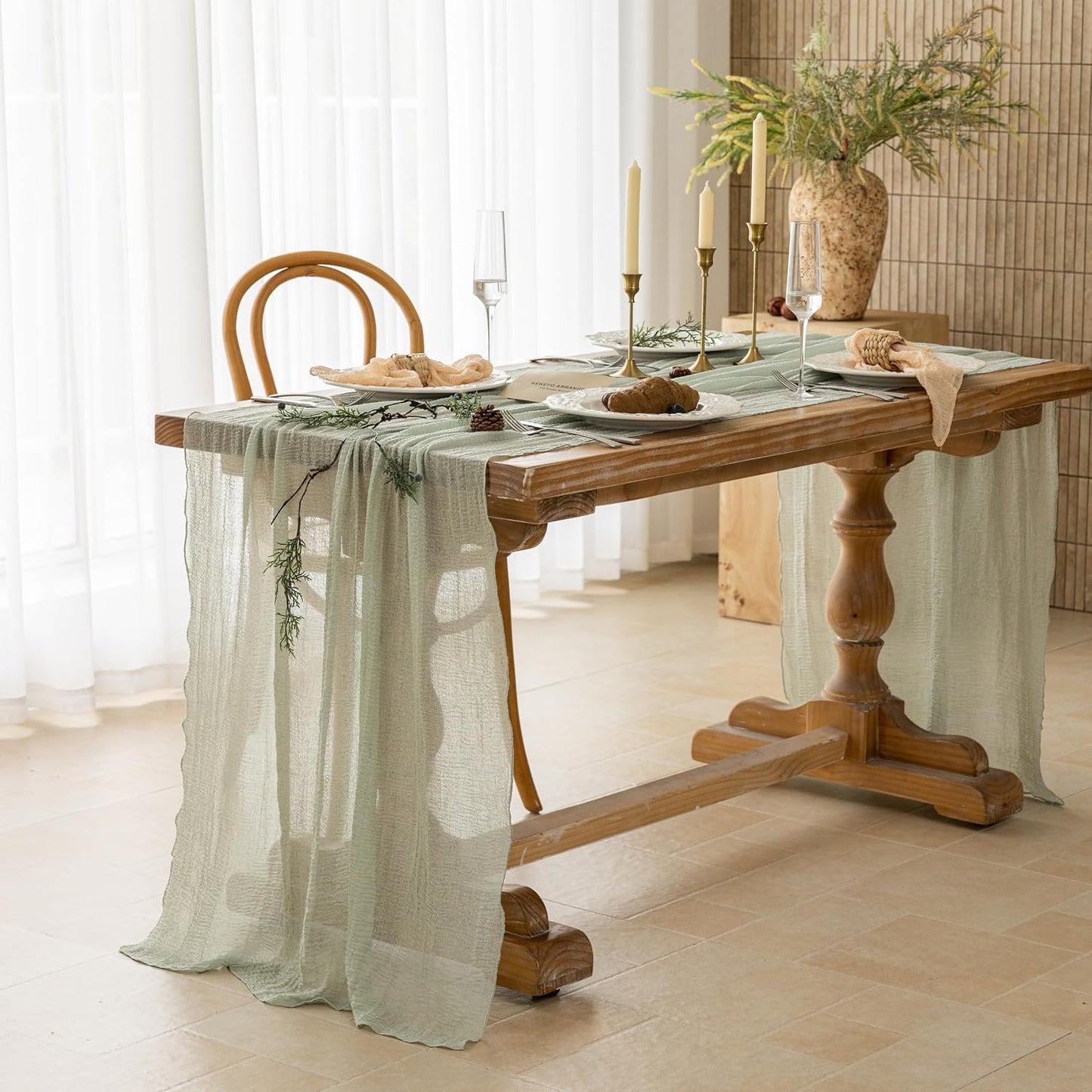 Keketoarrange Sage Green Table Runner Cheesecloth 120 Inch 10 FT Rustic Boho Cheese Cloth Table Runner for Wedding Baby Shower Bridal Shower Sheer Gauze Centerpiece Summer Boho Home Decorations