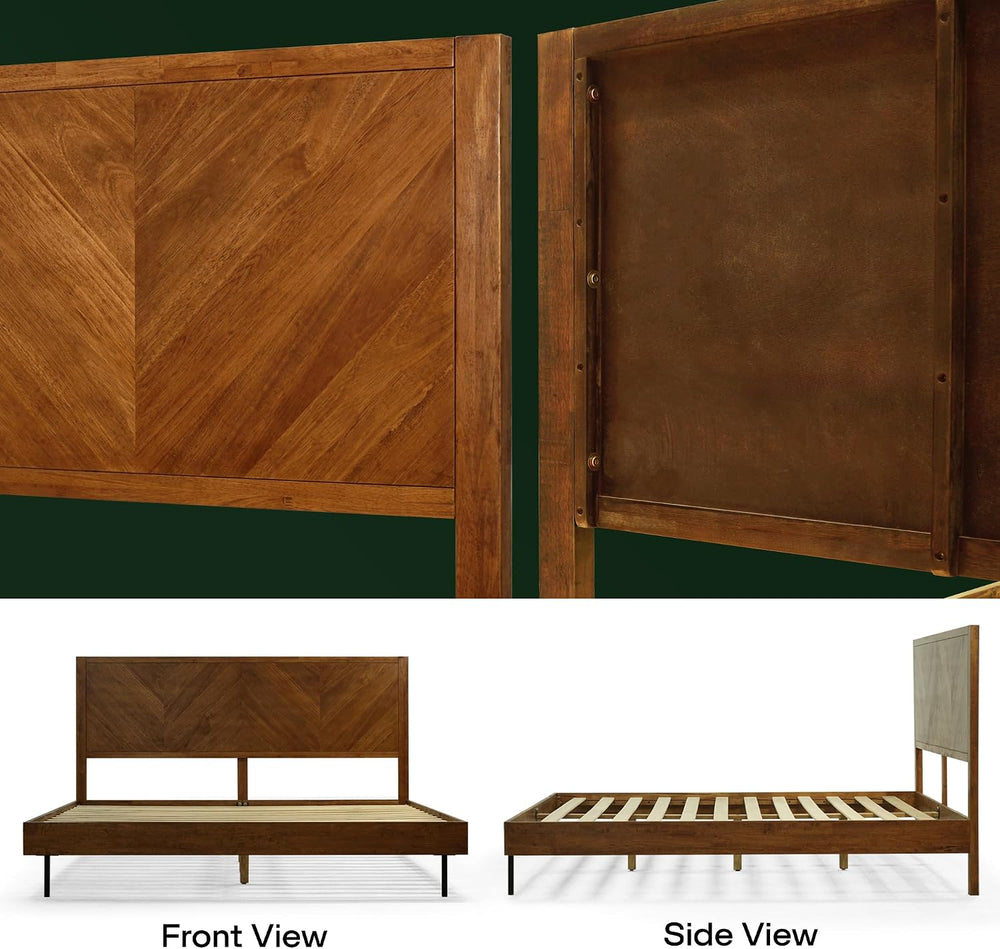 Acacia Alander Solid Wood Bed Frame with Chevron Headboard, King, Walnut