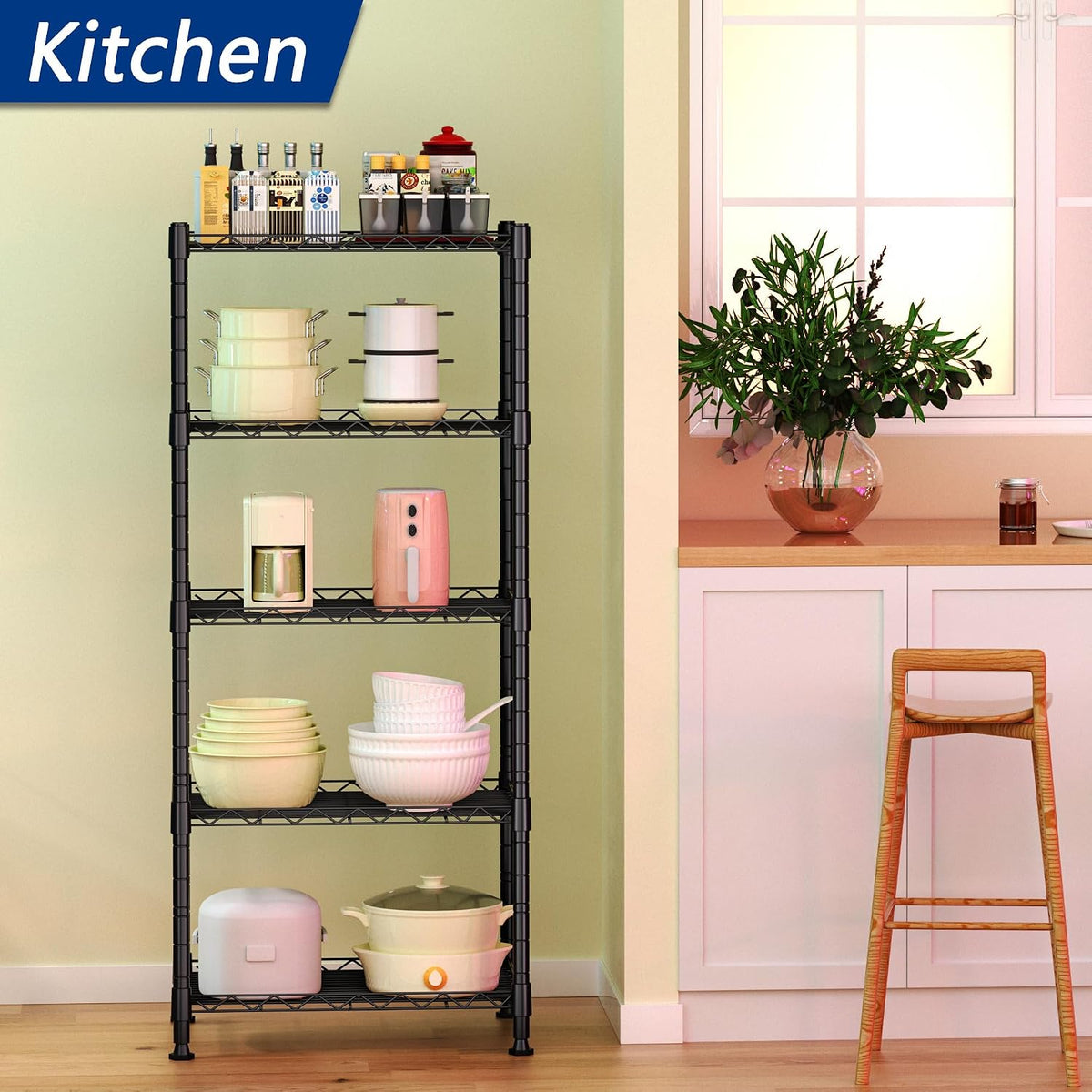 regiller 5-wire shelving metal storage rack adjustable shelves,standing shown in use