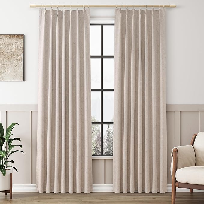 Oatmeal 100% Blackout Pinch Pleated Linen Curtains 84 Inches Long by Aersas