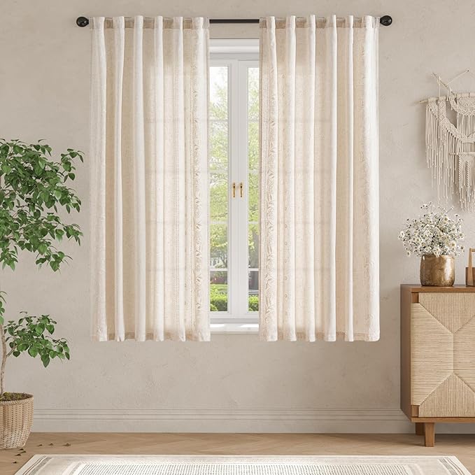 jinchan Winslow Linen Curtains for Bedroom 63 Inches Length Embroidered - Image 3