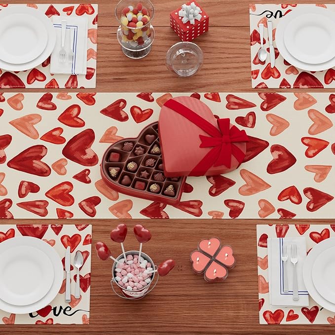 XCHI Watercolor Red Love Hearts Valentine’s Day Table Runner Table Decoration - Image 4