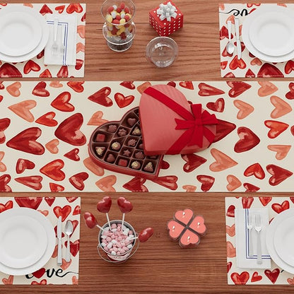 XCHI Watercolor Red Love Hearts Valentine’s Day Table Runner Table Decoration - Image 4