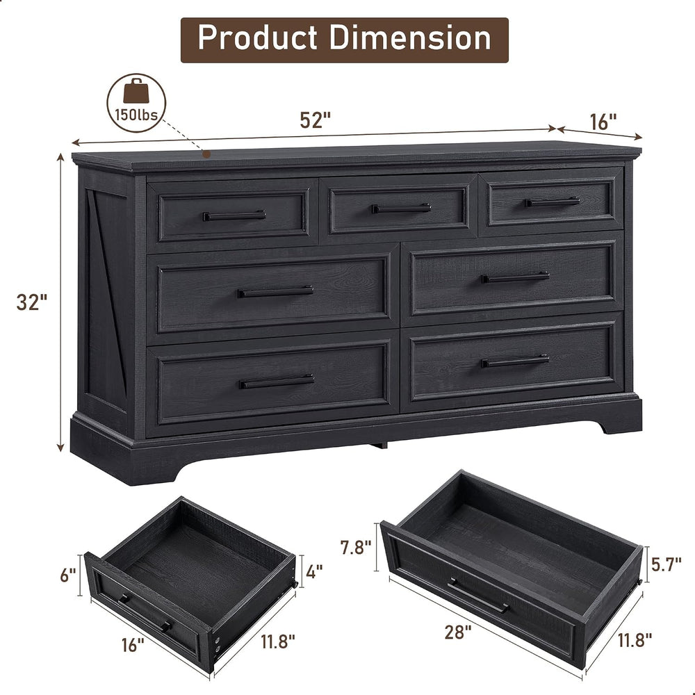 ACCOHOHO 7 Drawer Dresser, 52" Wide Farmhouse Chest for Bedroom, Black