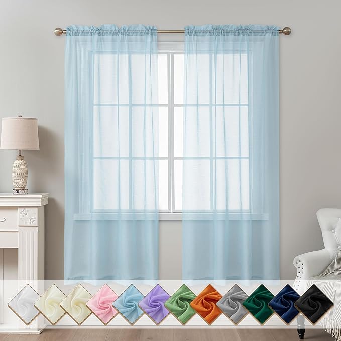 Blue Sheer Curtains 72 Inches Long, Privacy Semi Sheer Curtains by ABLUEN