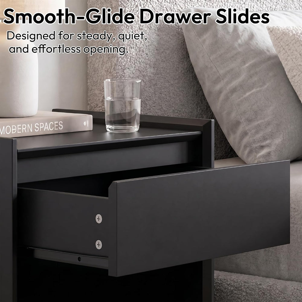 Black 24"H Nightstand, Drawer & Open Shelf, Small Bedside Table