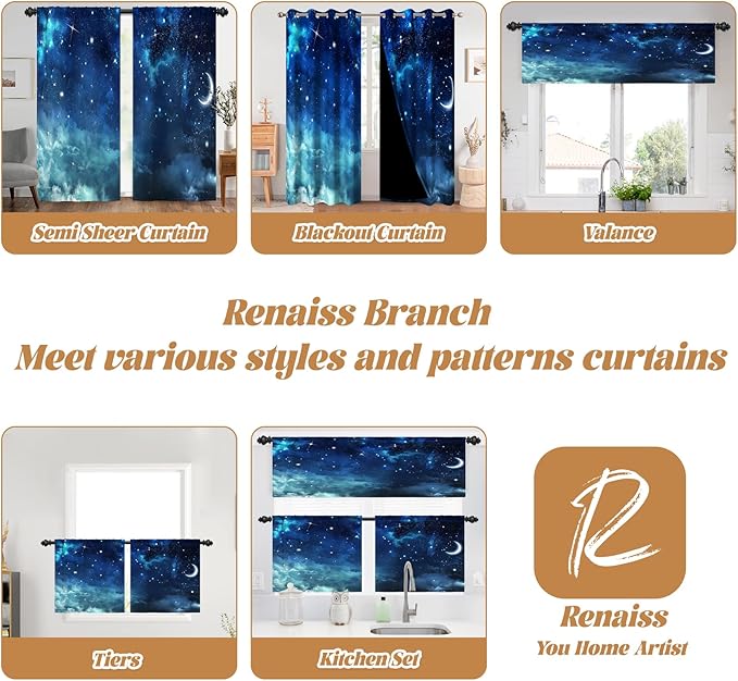 Renaiss 26 x 45 Inch Galaxy Small Kitchen Tier Curtains Space Nebula Cafe Half - Image 8