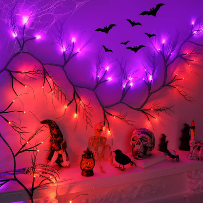 9 FT 72 LED Willow Vine Twig Decor Black Halloween Garland with Orange Purple Lights, Timer 8 Modes Waterproof Battery Operated Indoor Halloween Decorations for Wall Fireplace Mantle Home Office Decor