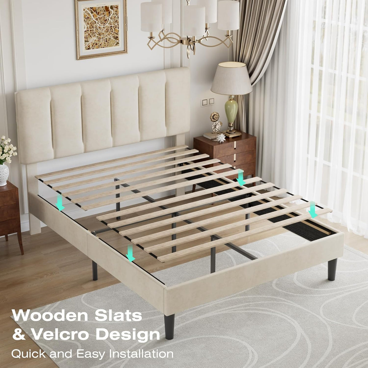vecelo full size bed frame with upholstered headboard, package contents