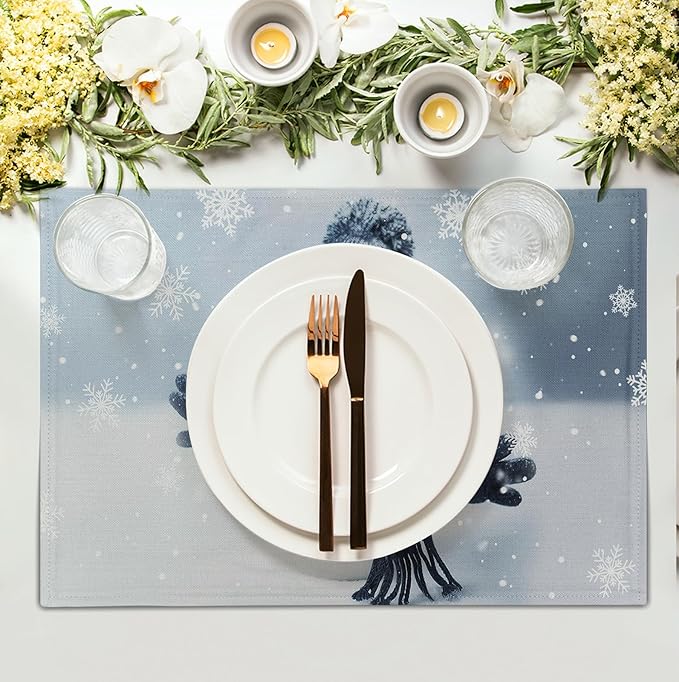Snowman Placemats Set of 4, 12x18 Inch Winter Cute Blue Snowman Snowflake Table - Image 3