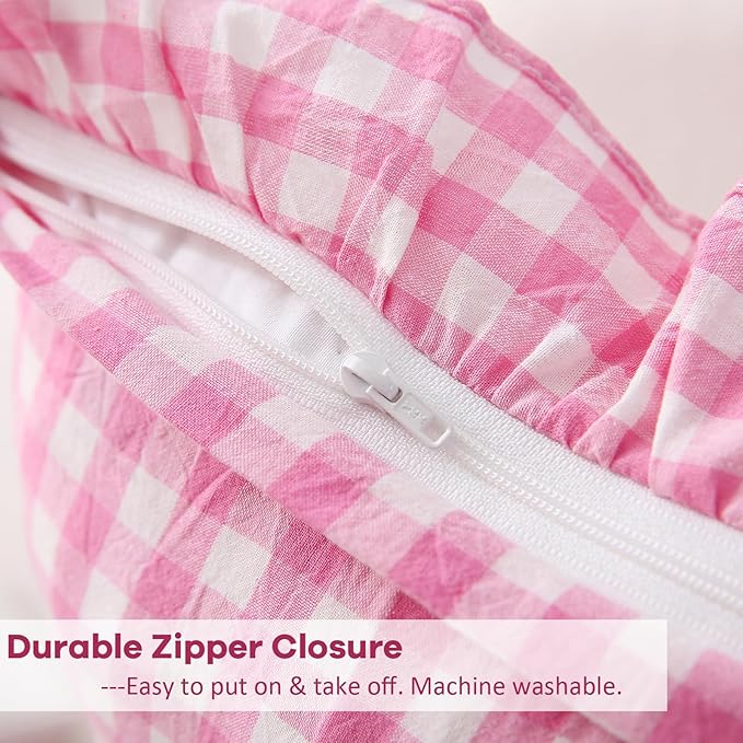 2 Pack Pink White Plaid Ruffle Gingham Throw Lumbar Pillow Shams, 100% Washed - Image 5
