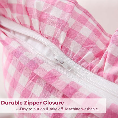 2 Pack Pink White Plaid Ruffle Gingham Throw Lumbar Pillow Shams, 100% Washed - Image 5