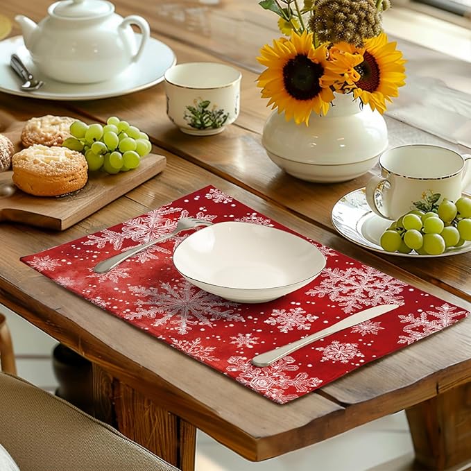 Red Snowflake Xmas Placemats Set of 4 Merry Christmas Snowflakes Linen Fabric - Image 6