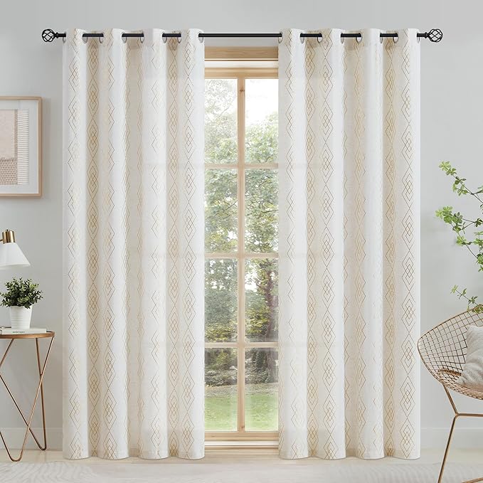 Linen Boho Curtains for Bedroom, 96 Inches Long Curtains Gold Foil Metallic - Image 2