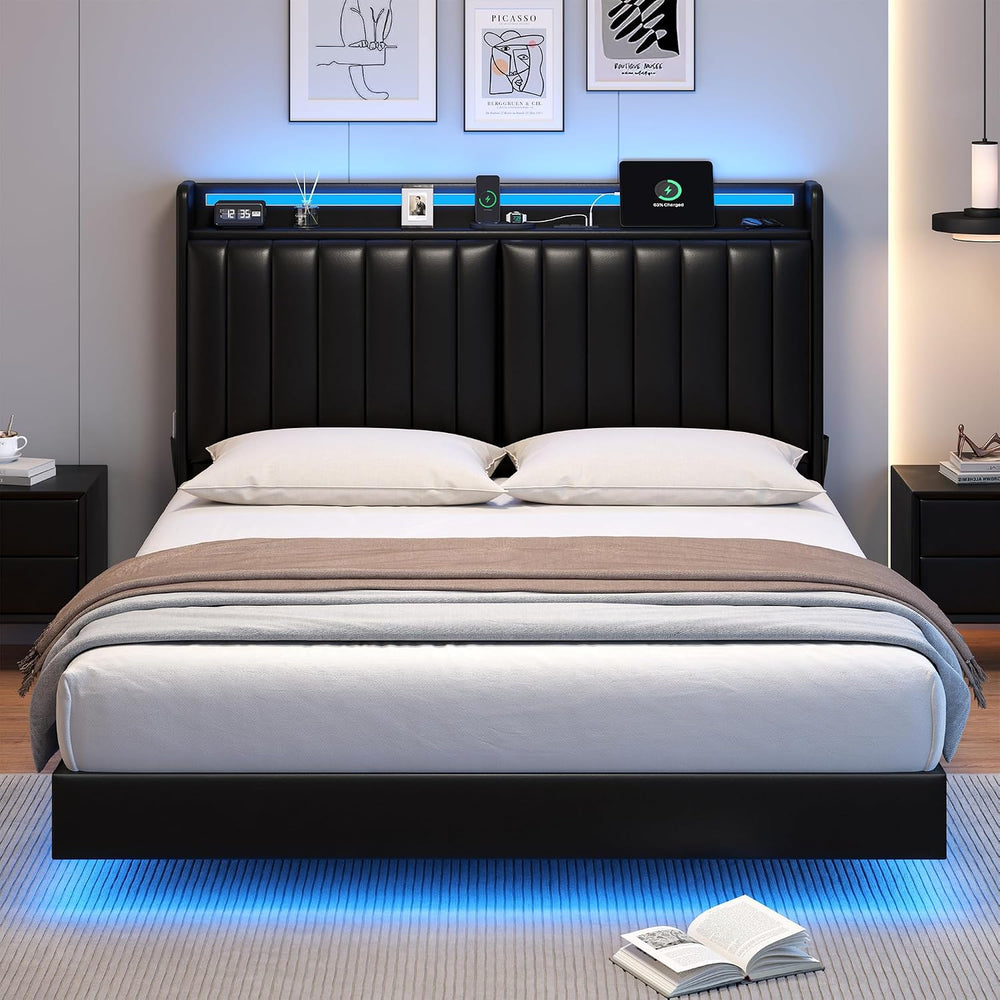 Jocoevol Full Size Floating Bed Frame with Ergonomic Hidden Storage Headboard...