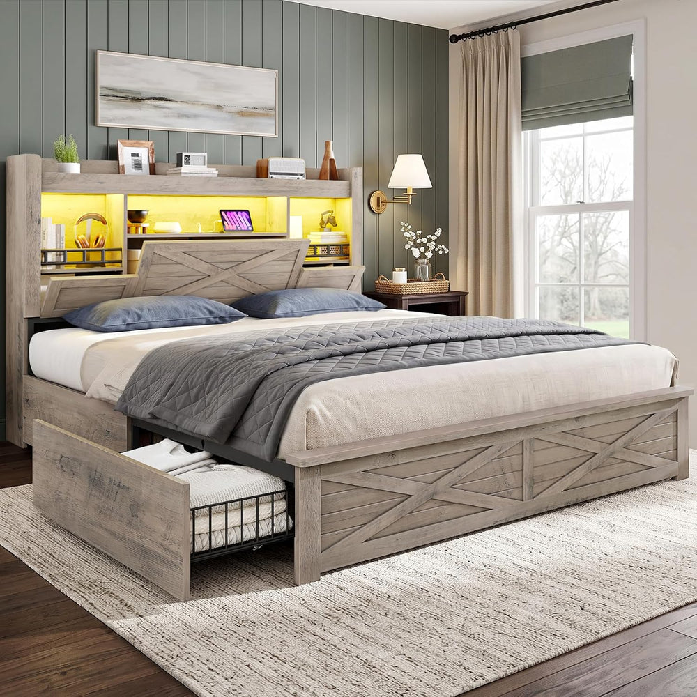Farmhouse Full Size Bed Frame with Flip-Down Bookcase Storage Headboard and 4...
