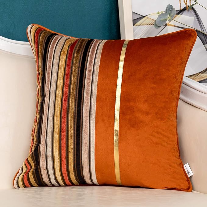 Yangest Orange Striped Patchwork Throw Pillow Cover Gold Leather Cushion Cover by Yangest