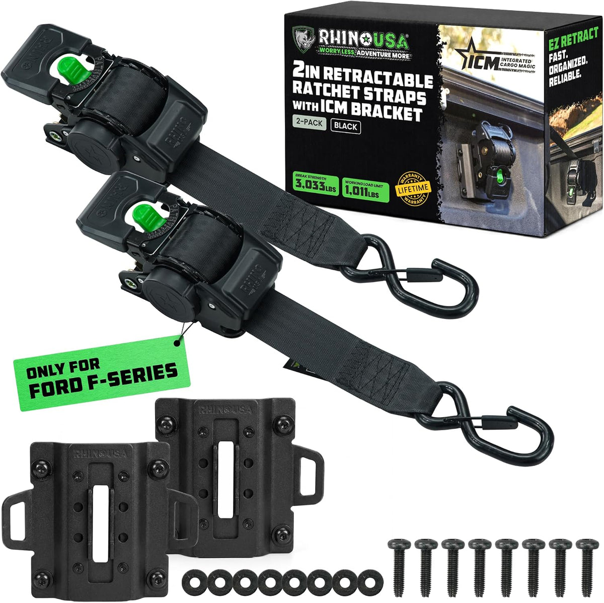 rhino usa bed-mounted retractable ratchet straps - for, main product view