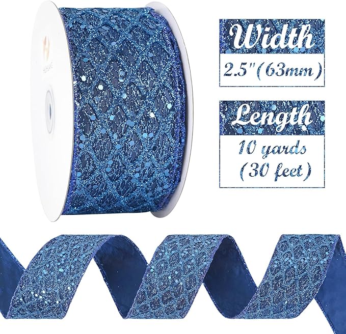 HUIHUANG Navy Blue Wired Ribbon 2.5 inch Glitter Diamond Mesh Wire Edge Ribbon - Image 5