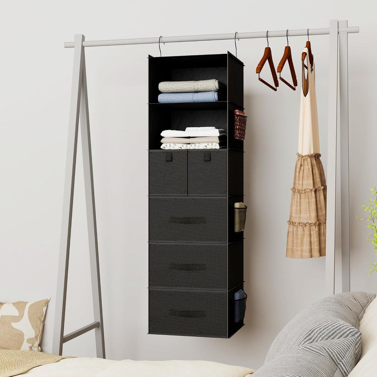 6-shelf hanging closet organizer with 5 drawers, non-woven shown in use