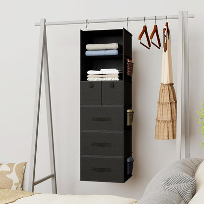 6-shelf hanging closet organizer with 5 drawers, non-woven shown in use