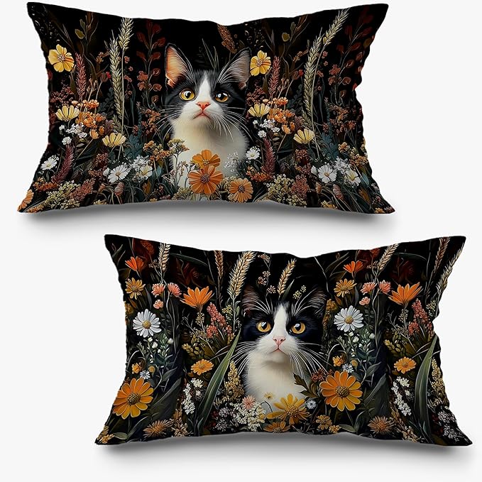 Moody Floral Black Cat Pillow Covers 12x20 Set of 2, Cat Mom Lady Lovers Gifts by Exqcom