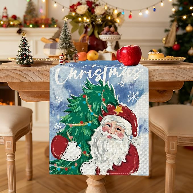 OTOSTAR Christmas Tree and Santa Claus Merry Christmas Table Runner, Xmas - Image 2