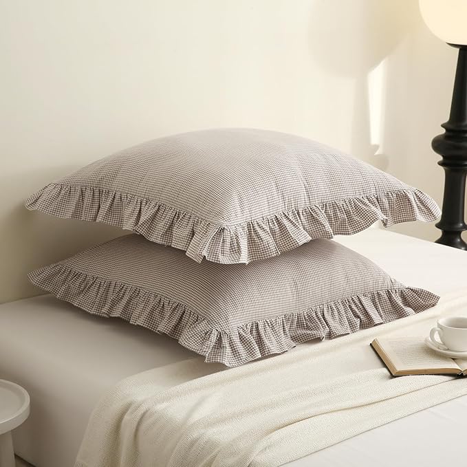 Aryeleay 2 Pack Brown White Plaid Gingham Ruffle Pillow Shams, 100% Washed - Image 2