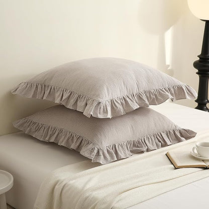 Aryeleay 2 Pack Brown White Plaid Gingham Ruffle Pillow Shams, 100% Washed - Image 2