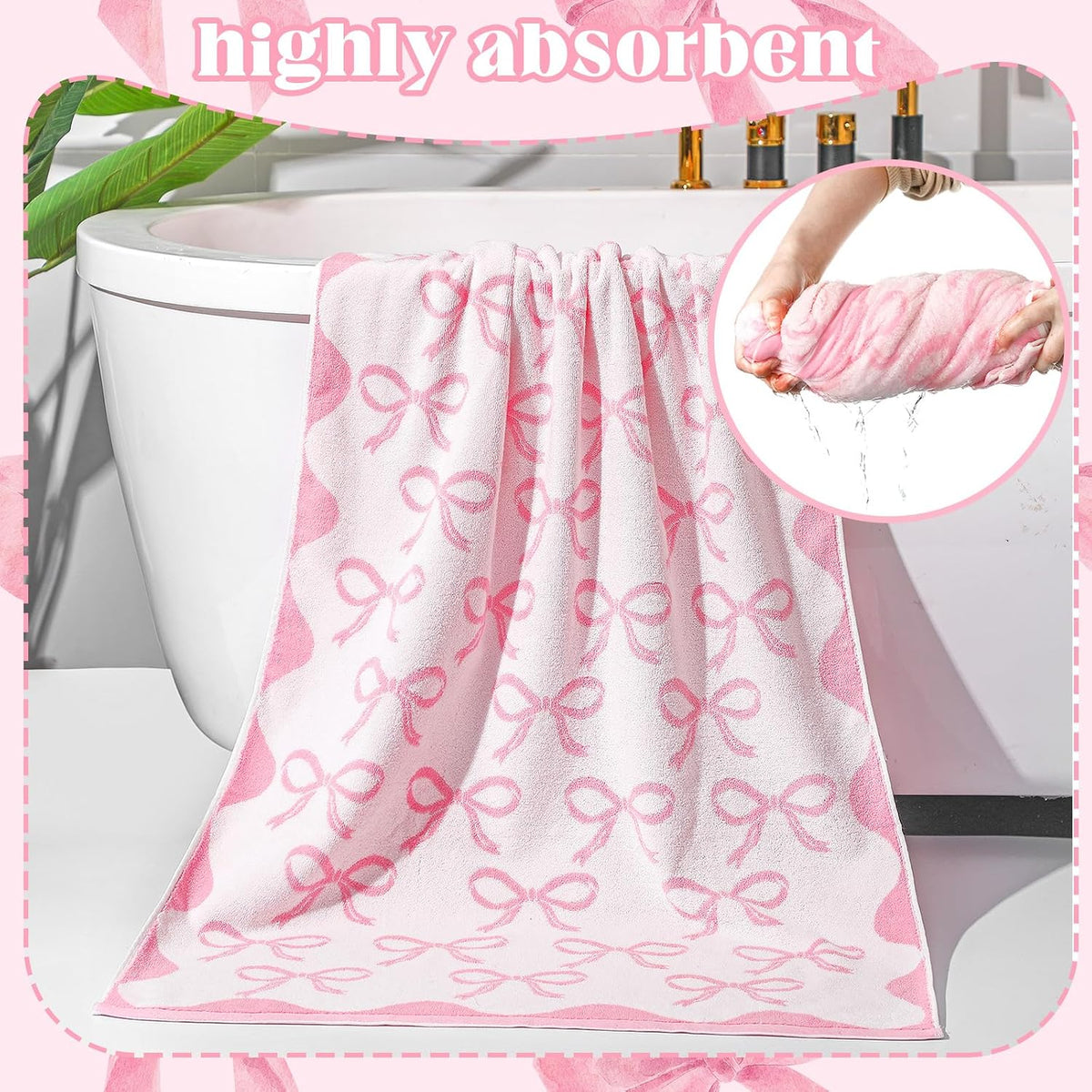 pink bow towel, 28 x 55 in 100% showing dimensions