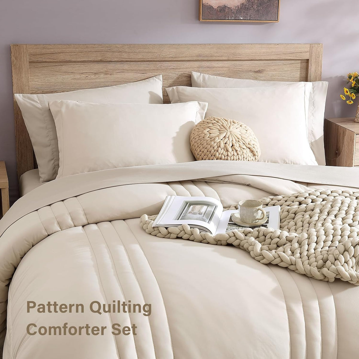 full size comforter sets-7 pieces beige soft bed showing dimensions