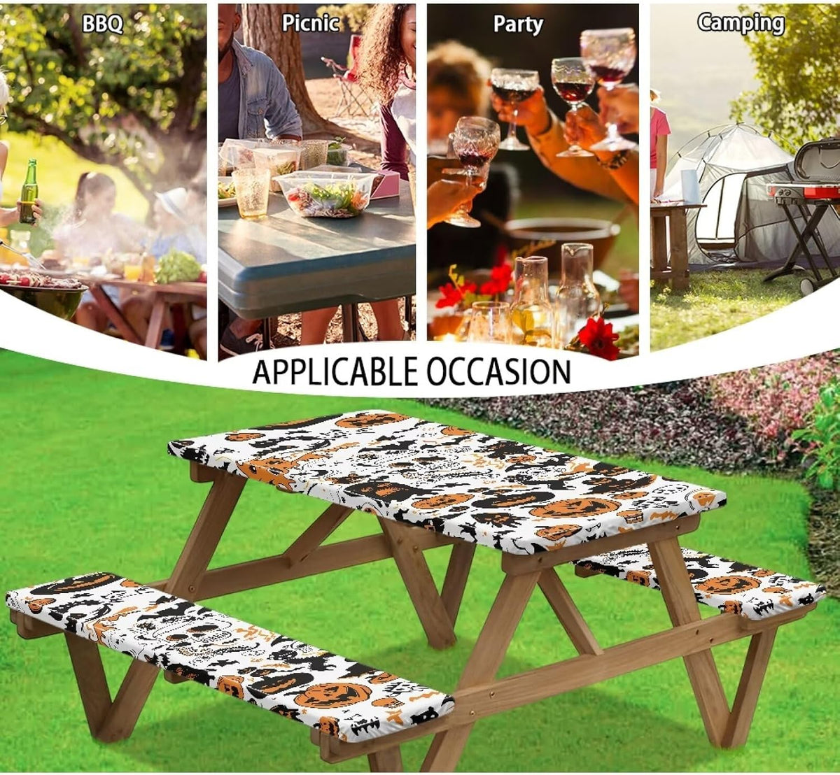 Halloween Pattern Camping Table Covers with Seat Covers Waterproof Picnic Outdoor Tablecloth with Bench Covers Farm Fitted Picnic Table Cover Camping Tablecloth Halloween Decor