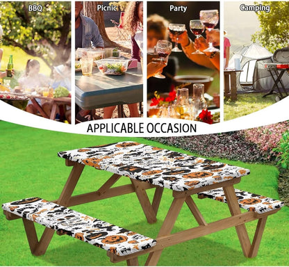 Halloween Pattern Camping Table Covers with Seat Covers Waterproof Picnic Outdoor Tablecloth with Bench Covers Farm Fitted Picnic Table Cover Camping Tablecloth Halloween Decor