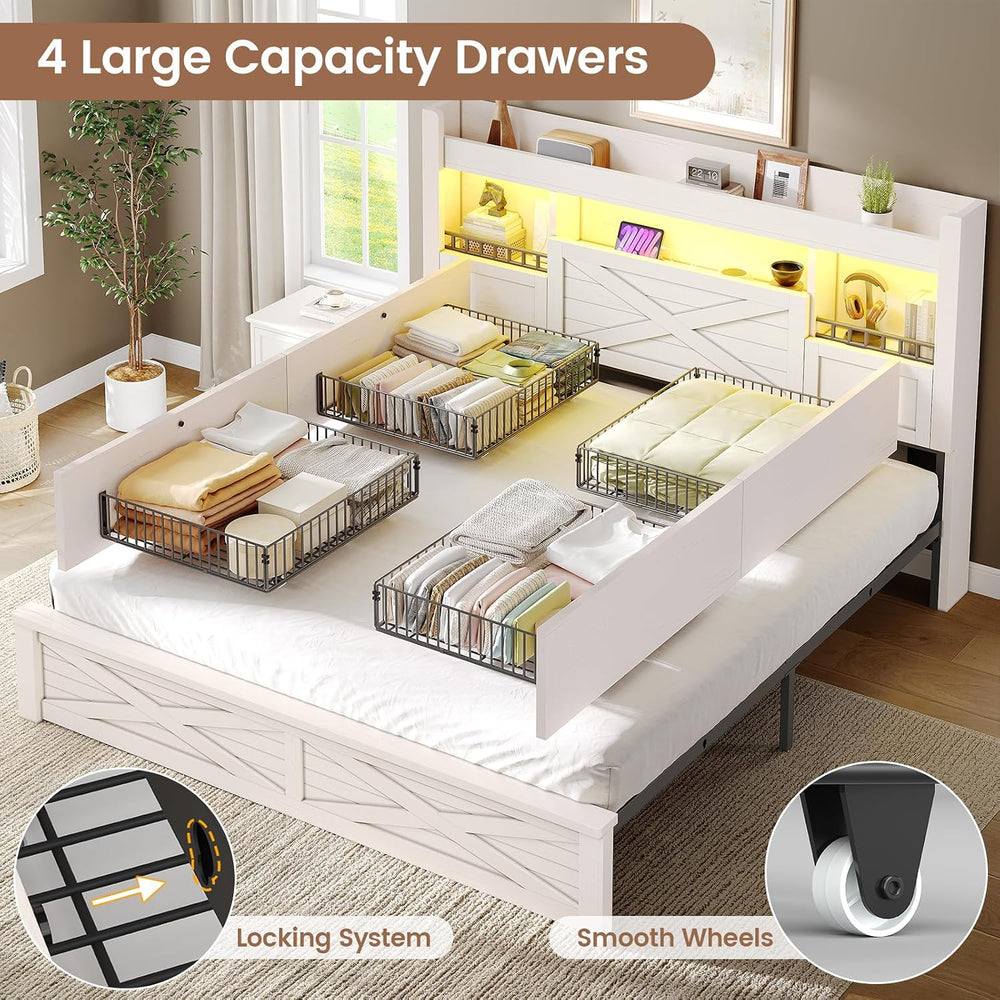 Farmhouse King Bed Frame with Flip-Down Bookcase Storage Headboard and 4 Draw...