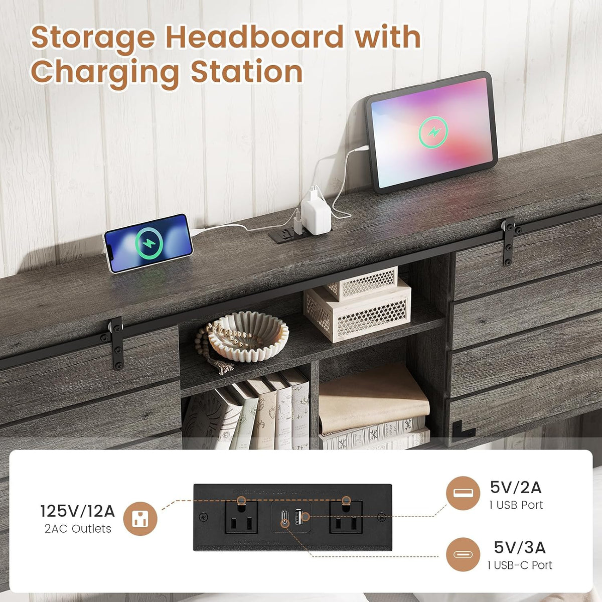 viagdo wooden bed frame queen size with bookcase, side view