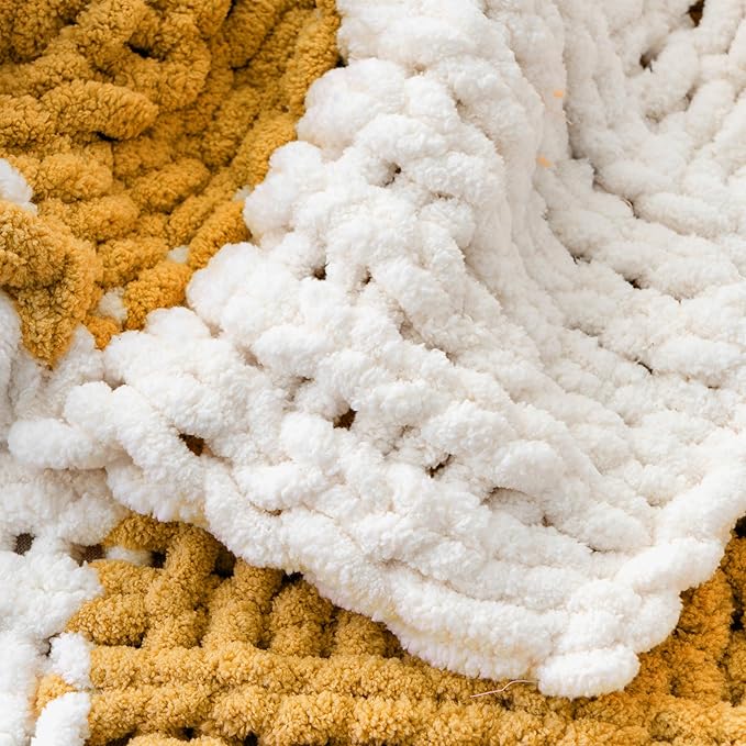Battilo Mustard Yellow Chunky Knit Throw Blanket, Soft and Thick Chenille Throw - Image 6