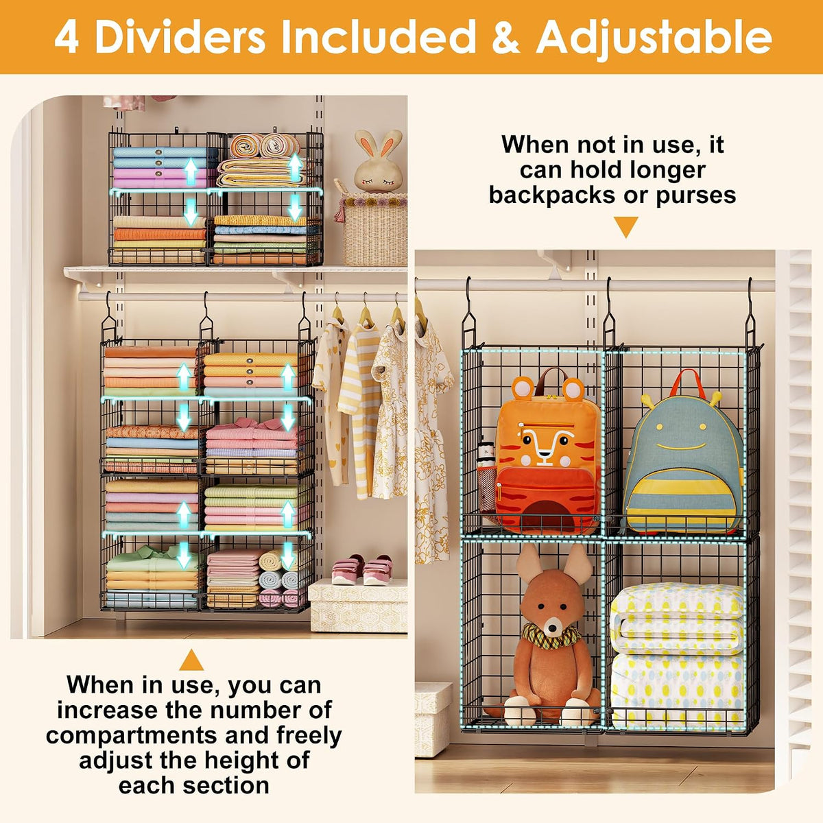 hanging closet organizer with diy spacing, double-row closet showing dimensions