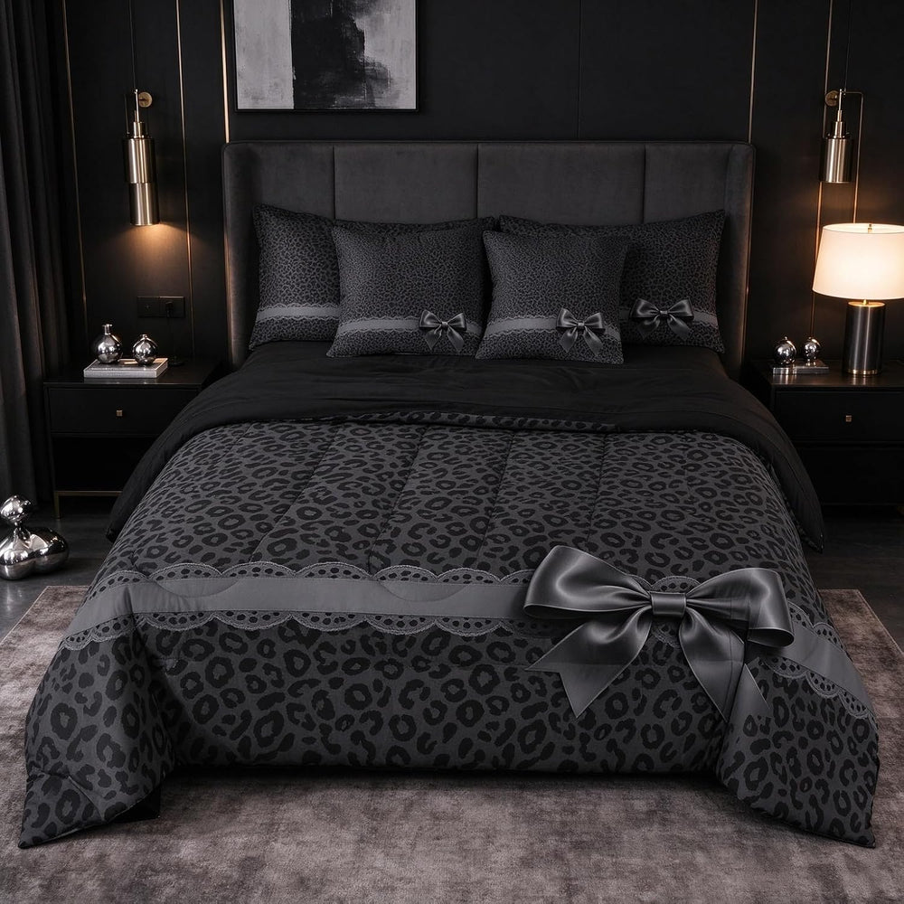 Erosebridal Leopard Print Comforter Set Queen 7 Piece Bowknot Black Cheetah