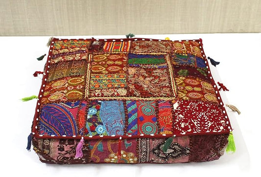 CRAFT KALA Indian Square Patchwork Traditional Pouf Cover Indian Living Room by CRAFTKALA