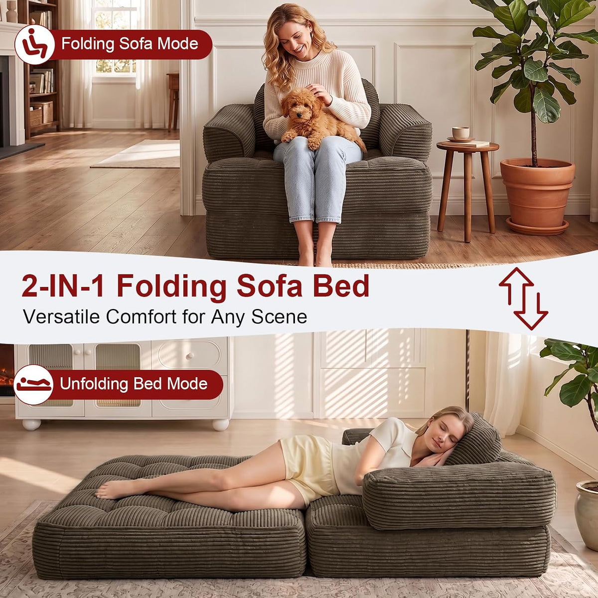 folding sofa bed, 2-in-1 convertible sleeper chair for showing dimensions