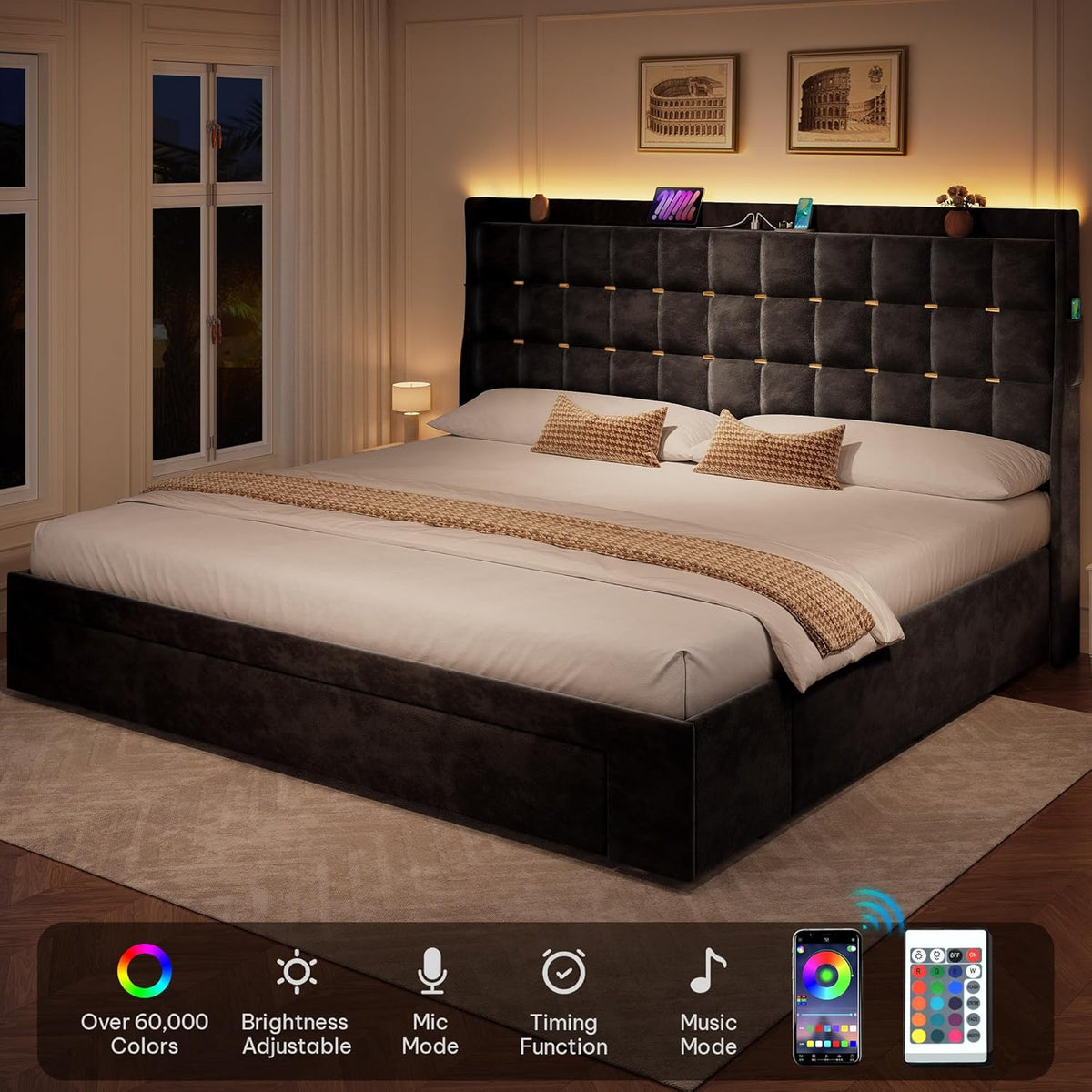 yitahome king size bed frame with 3 storage, close-up detail