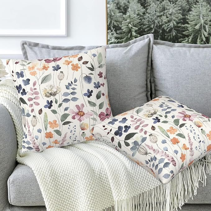 Throw Pillow Cover Case Watercolor Floral Pillow Covers 18x18 Inch Set of 2 - Image 5
