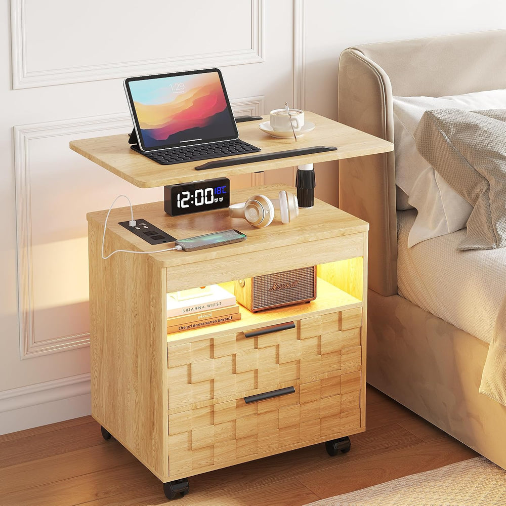 Lareth Rolling Nightstand with Wheels, LED Lights, Charging Station