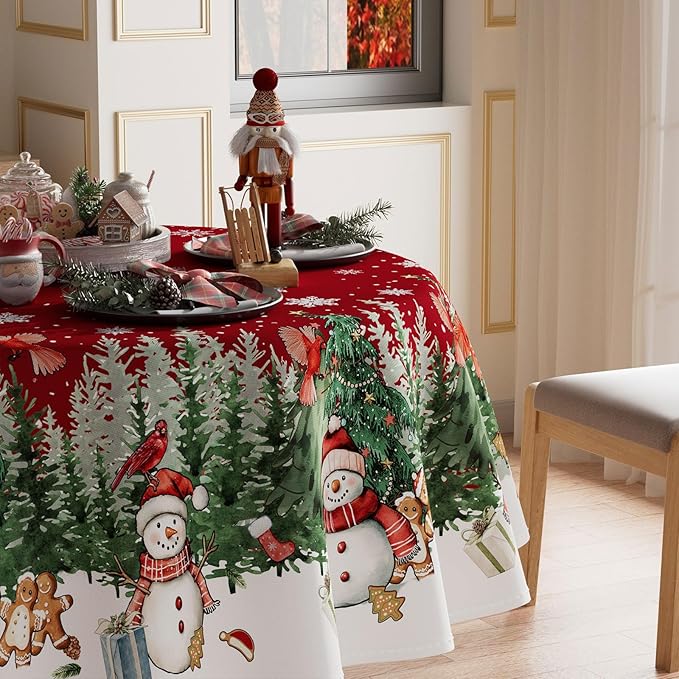XCHI Snowman Gingerbread Man Tree Winter Tablecloth Round Christmas Table Cloth - Image 2