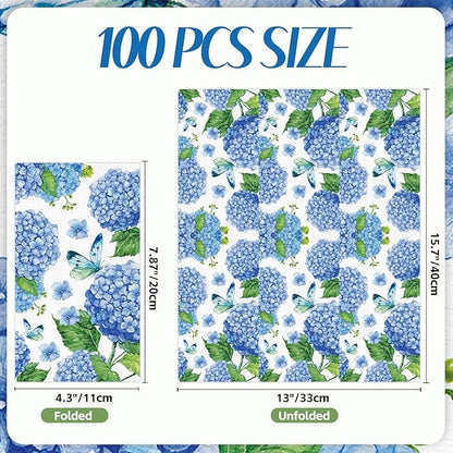 100 PCS Hydrangea Paper Napkins, Disposable Bathroom Hand Towels Blue and White - Image 2
