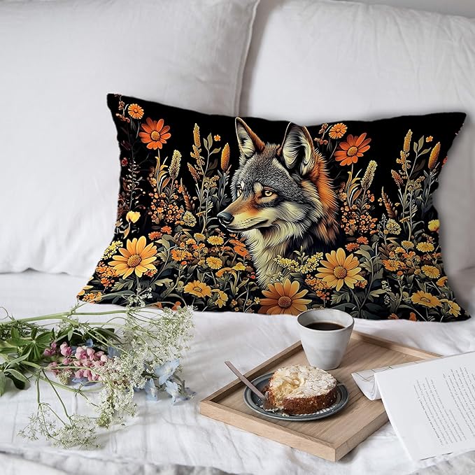 Moody Floral Wolf Pillow Covers 12x20, Dark Academia Room Decor, Dark - Image 4